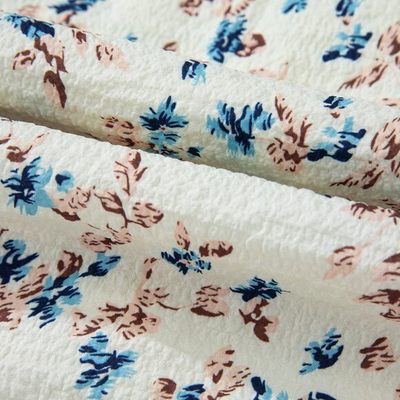 B268 Beige Floral Puff Short Sleeve Empire Waist Mini Dress - Picture 11 of 13